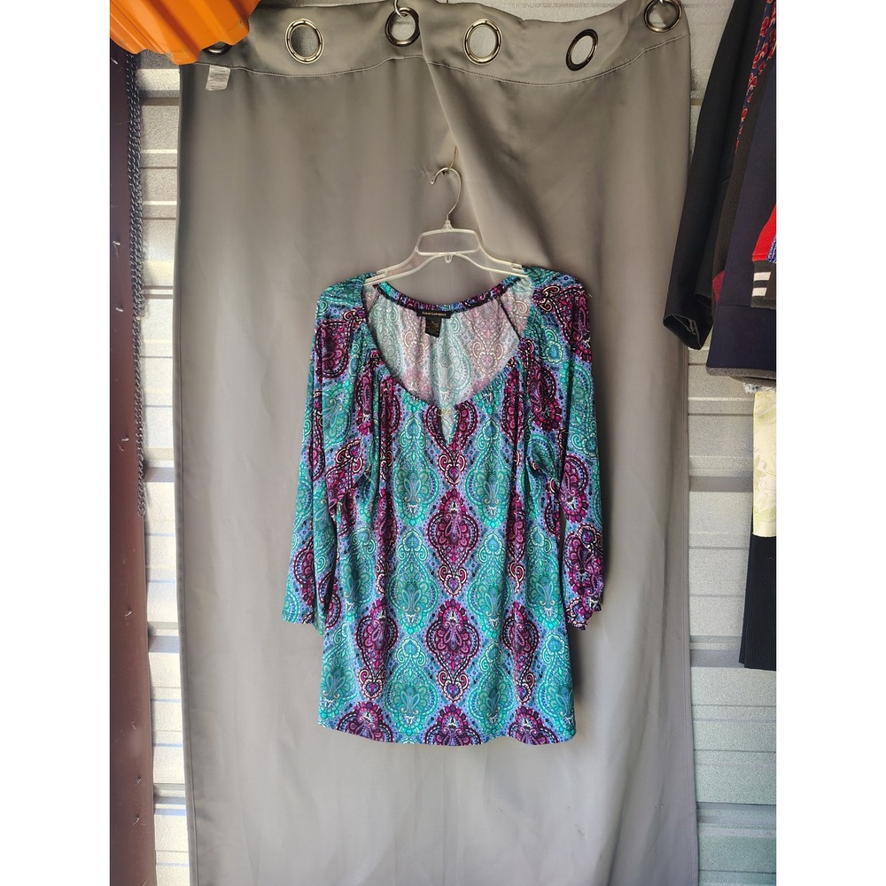 Susan Lawrence Womens Paisley Tunic Top Teal Purple Boho 3/4 Sleeve XL 112270